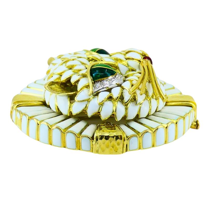 Round Cut Vintage David Webb Cat Brooch Pendant 18k Gold Enamel Diamond Estate Jewelry For Sale