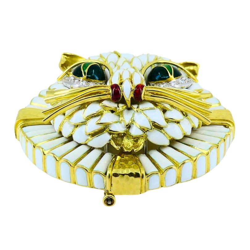 Vintage David Webb Cat Brooch Pendant 18k Gold Enamel Diamond Estate Jewelry In Good Condition For Sale In Beverly Hills, CA