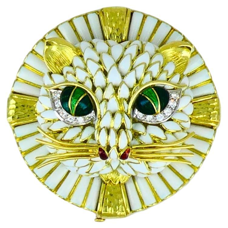 Vintage David Webb Cat Brooch Pendentif 18k Gold Enamel Diamond Estate Jewelry
