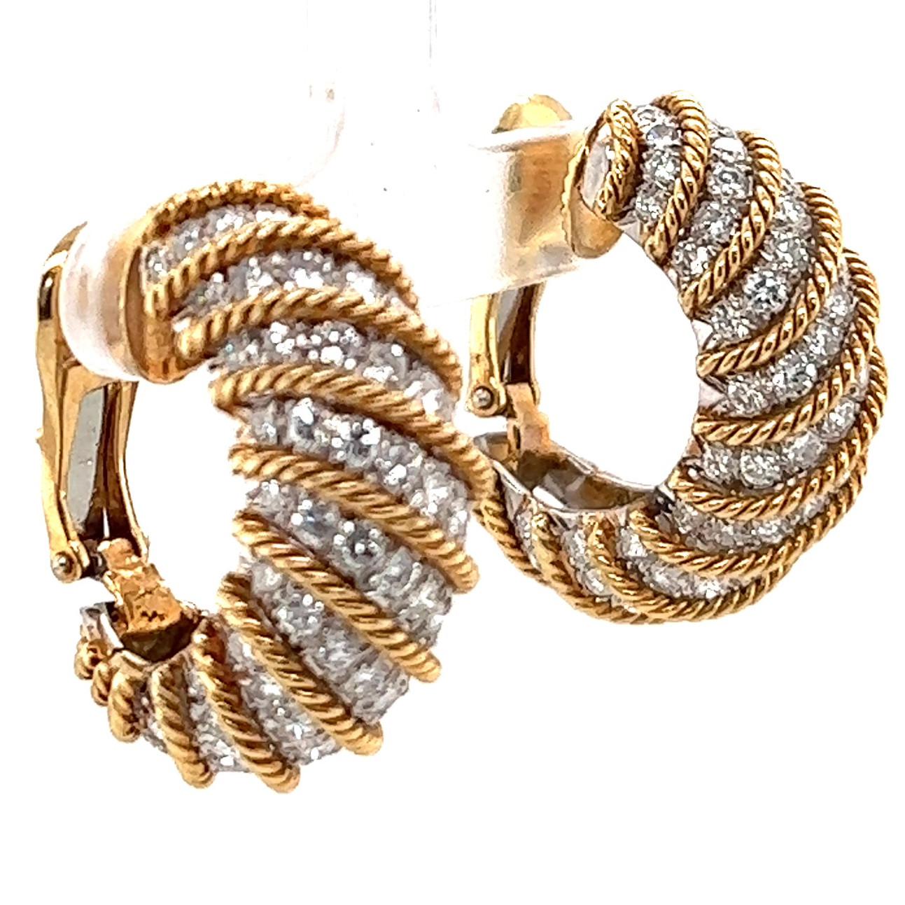 Vintage David Webb Diamond 18 Karat Gold Platinum Rope Clip Hoop Earrings In Excellent Condition In Beverly Hills, CA