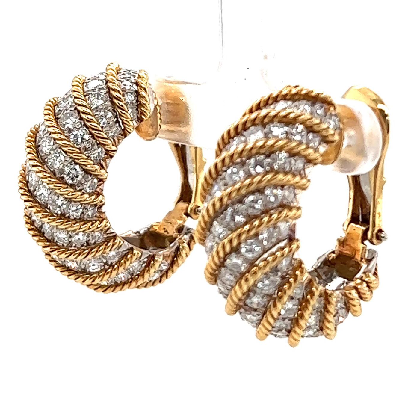 Women's or Men's Vintage David Webb Diamond 18 Karat Gold Platinum Rope Clip Hoop Earrings