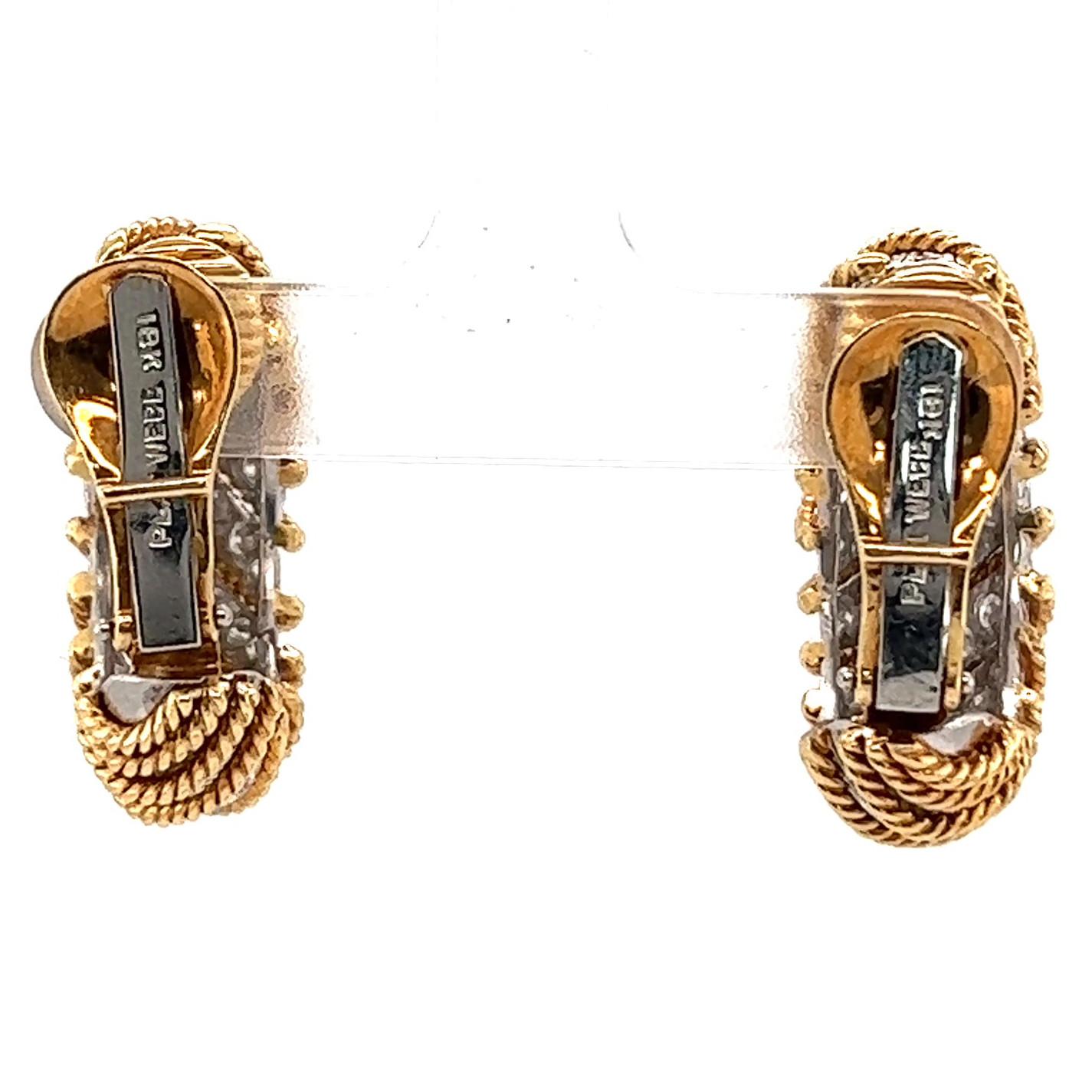 Vintage David Webb Diamond 18 Karat Gold Platinum Rope Clip Hoop Earrings 1