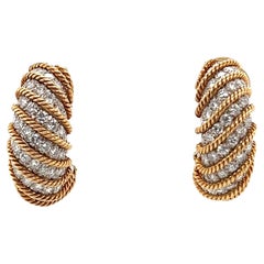Vintage David Webb Diamond 18 Karat Gold Platinum Rope Clip Hoop Earrings