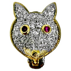 Vintage David Webb Diamond Encrusted Fox Head Motif Lapel Clip with Ruby Eyes
