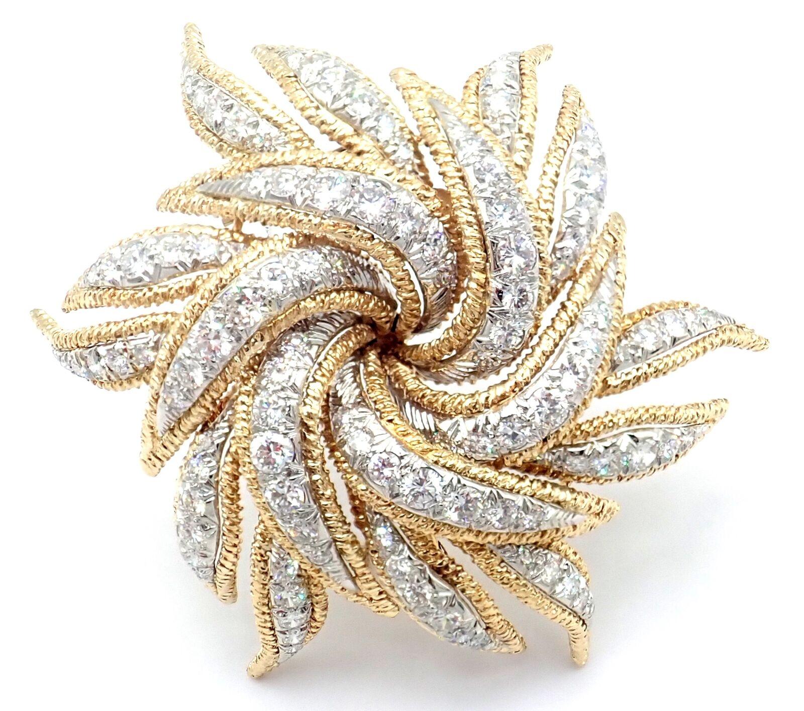 18k Yellow Gold And Platinum Diamond Large Pin Brooch by David Webb. 
With Round brilliant cut diamonds VS1 clarity, G color total weight approximately 4.5ct
Details: 
Measurements:	58mm x 54mm
Weight: 35.2 grams
Stamped Hallmark: David Webb 18K 10%