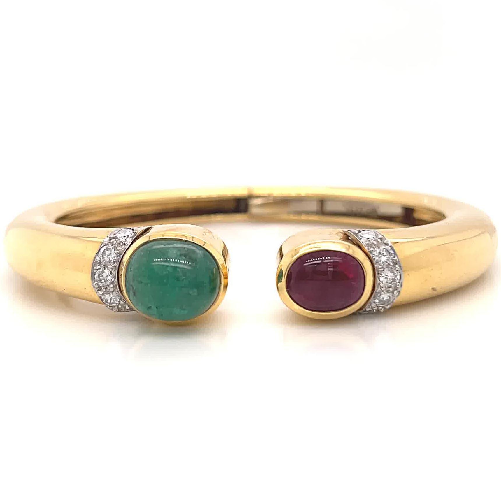 Cabochon Vintage David Webb Emerald Ruby Diamond Gold Bangle