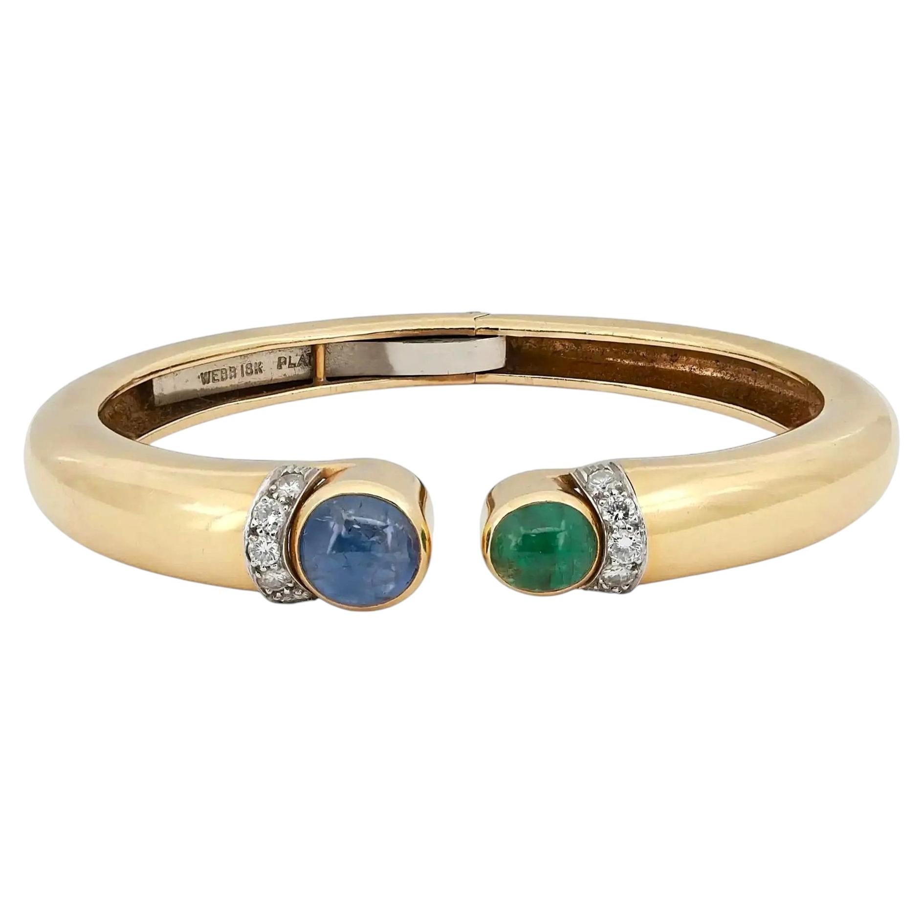 Pre-owned David Webb Vintage  Emerald Sapphire & Diamond Cuff Bracelet 18k Yellow Gold