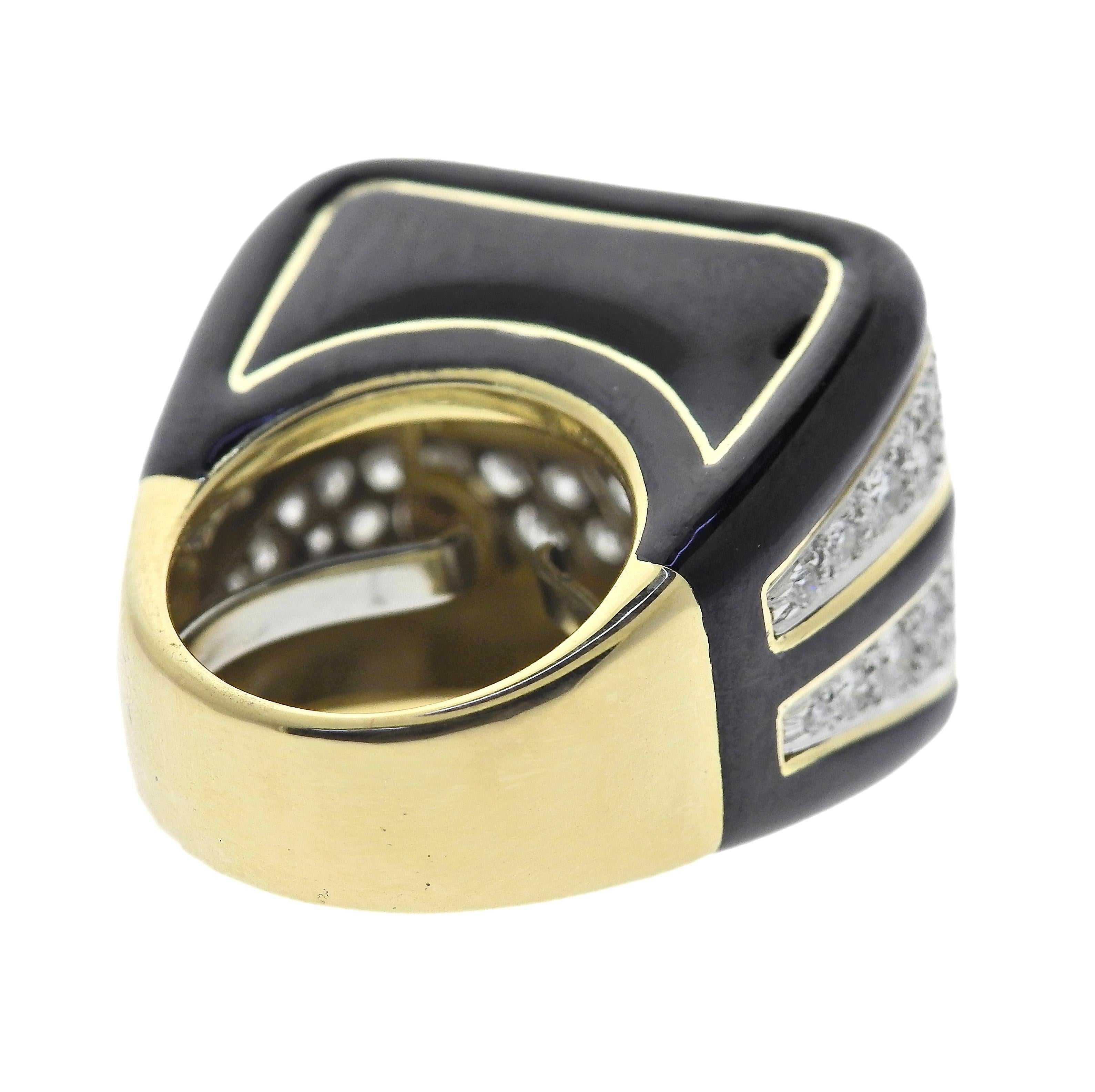 Vintage David Webb Gold Platinum Enamel Diamond Ring In Excellent Condition For Sale In Lambertville, NJ