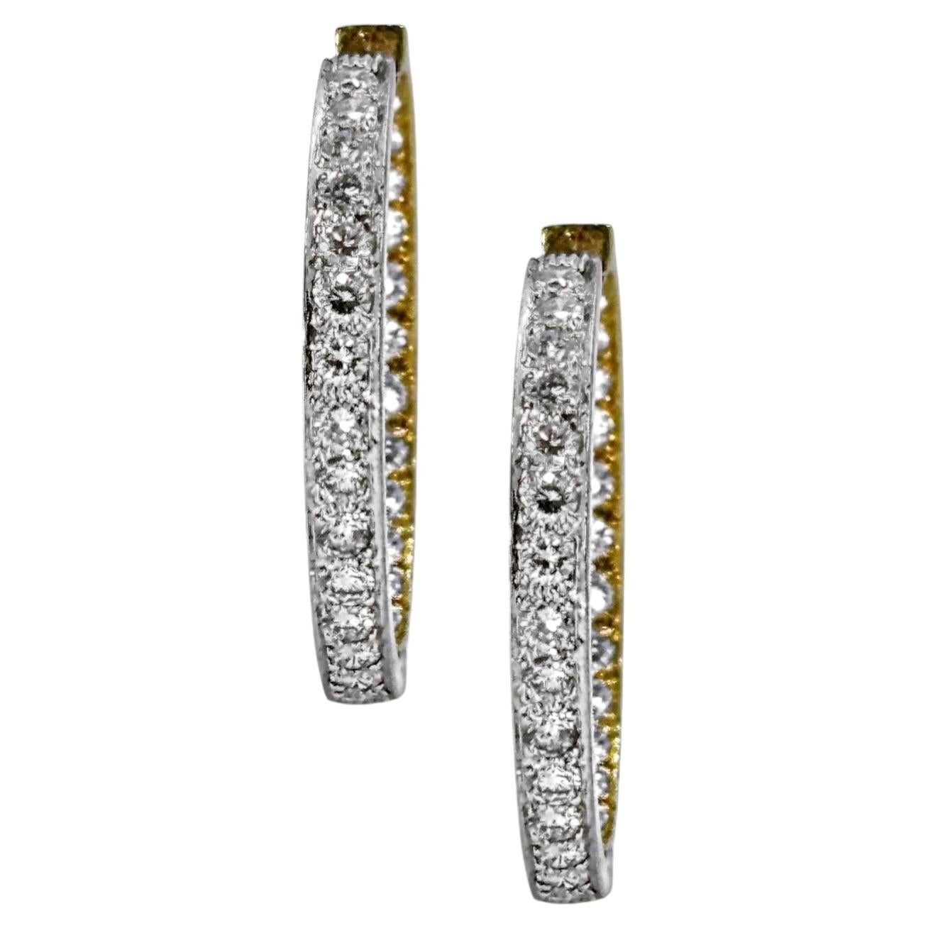 Vintage David Webb "In & Out" Diamond Hoops Half Platinum /Half 18K Yellow Gold