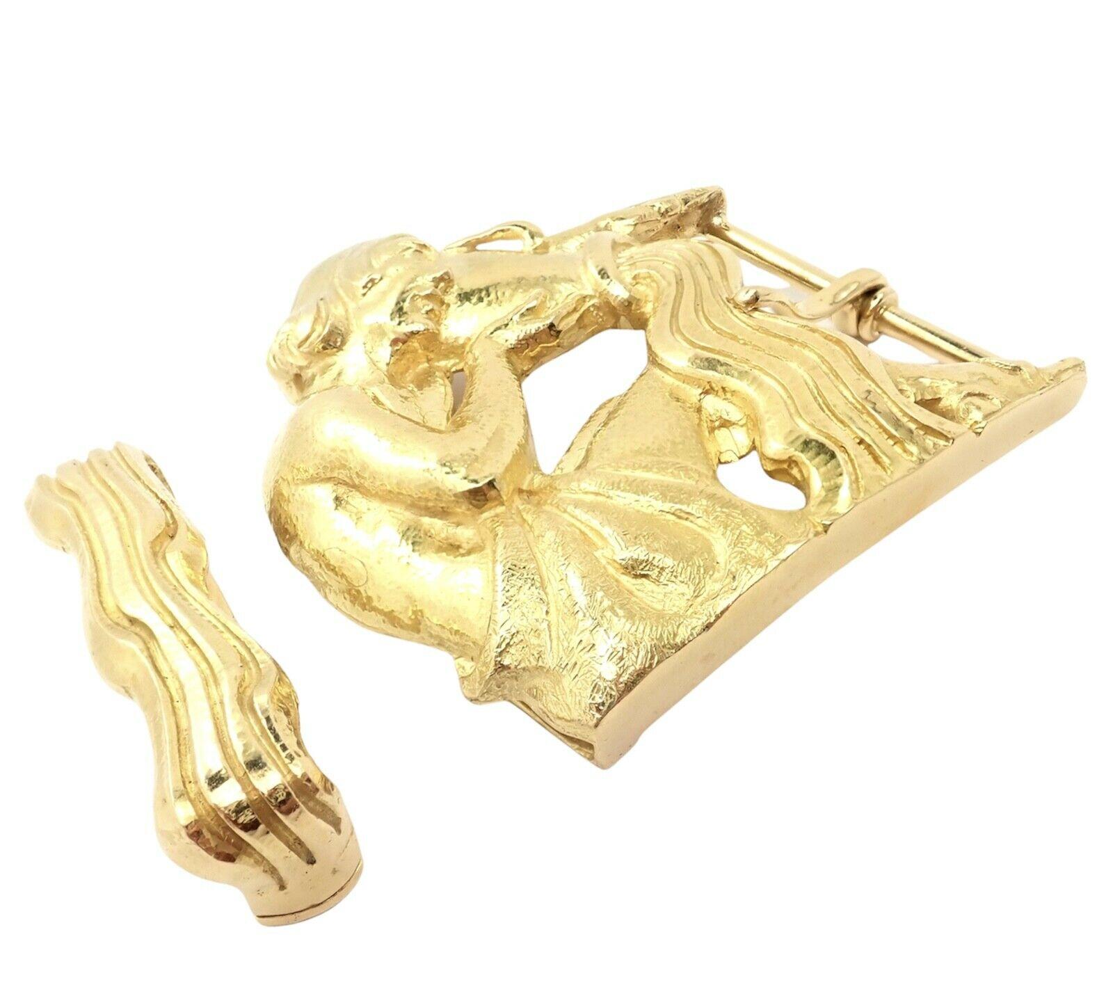 18k Yellow Gold Large Zodiac Aquarius Belt Buckle & Keeper by David Webb. 
Details: 
Weight: 75.1 grams
Measurements: Buckle: 58mm x 57mm
Belt Catch: 11mm x 44mm
Stamped Hallmarks: Webb 18k
*Free Shipping within the United States*
YOUR PRICE: