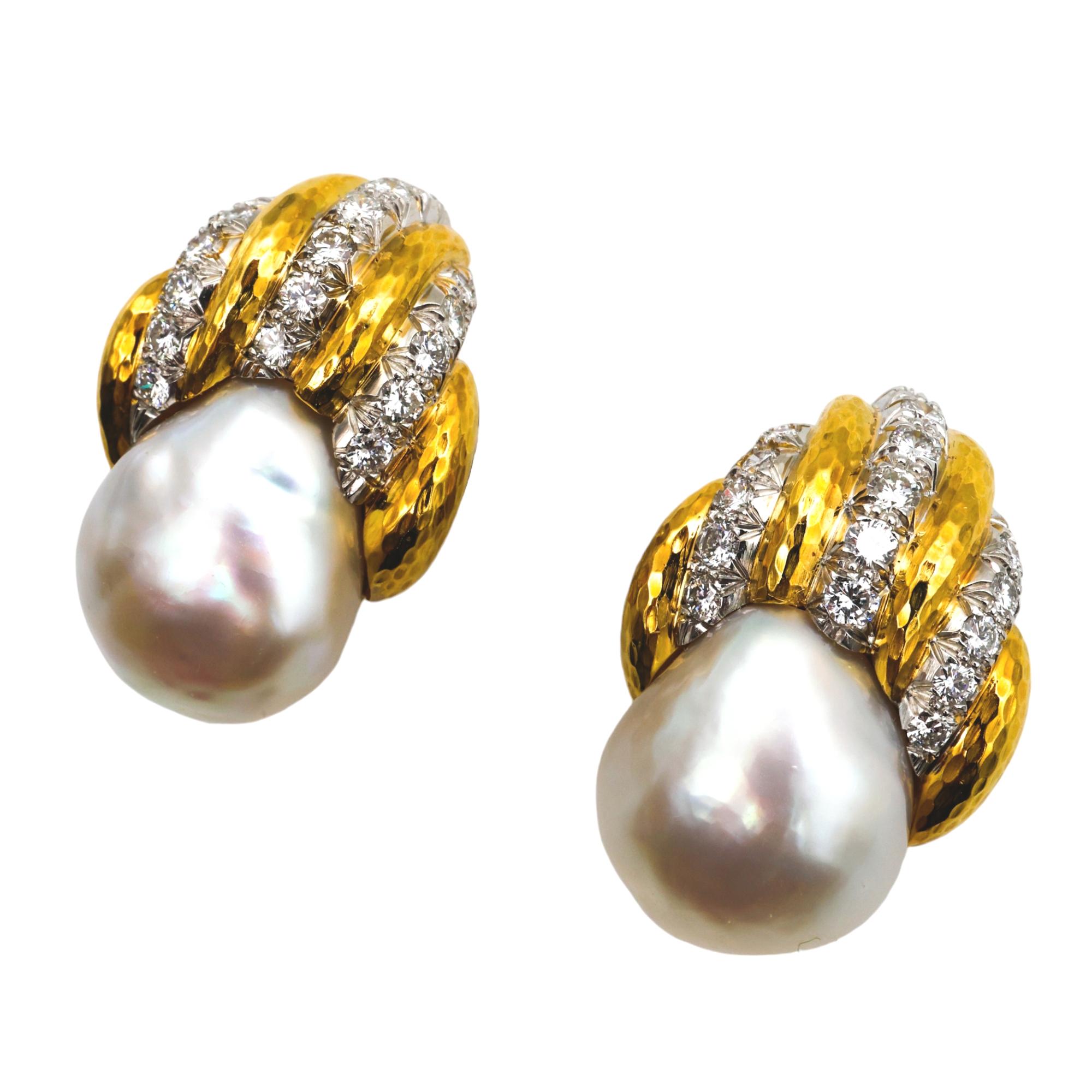 Brilliant Cut Vintage David Webb Pearl, Diamond and Gold Earrings, 1.00 Carat, Circa 1980