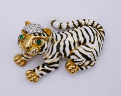 Vintage David Webb Pin Brooch Clip 18k Gold Enamel Tiger Estate Jewelry
