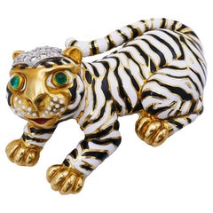 Retro David Webb Pin Brooch Clip 18k Gold Enamel Tiger Estate Jewelry