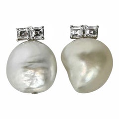 Vintage David Webb Platinum South Sea Semi-Baroque Pearl and Diamond Earrings