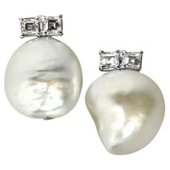 Vintage David Webb Platinum South Sea Semi-Baroque Pearl and Diamond Earrings