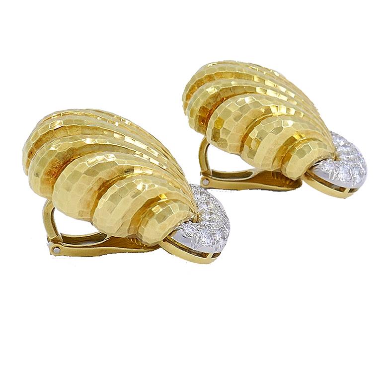 Round Cut Vintage David Webb Shell Earrings 18k Gold Platinum Diamond Estate Jewelry