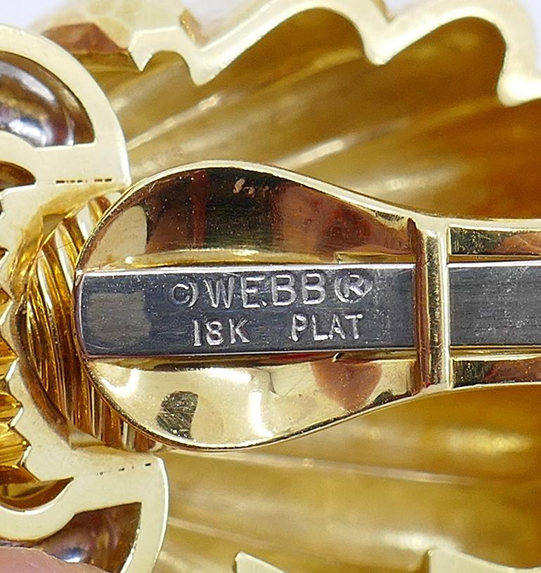 Women's Vintage David Webb Shell Earrings 18k Gold Platinum Diamond Estate Jewelry