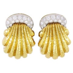 Retro David Webb Shell Earrings 18k Gold Platinum Diamond Estate Jewelry