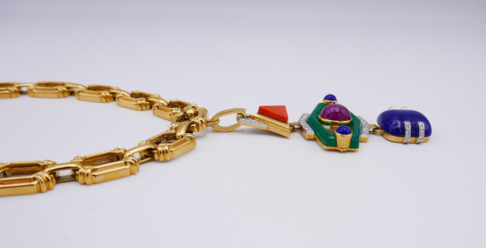 Vintage David Webb Totem Pendant 18k Gold Chain Necklace Gemstones 6