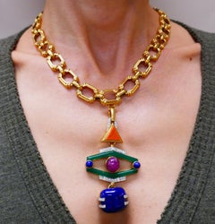 Vintage David Webb Totem Pendant 18k Gold Chain Necklace Gemstones