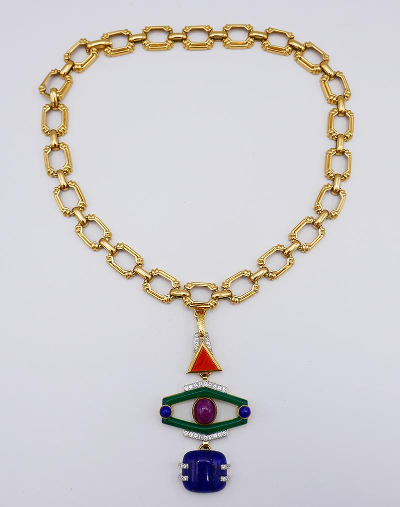 Mixed Cut Vintage David Webb Totem Pendant 18k Gold Chain Necklace Gemstones