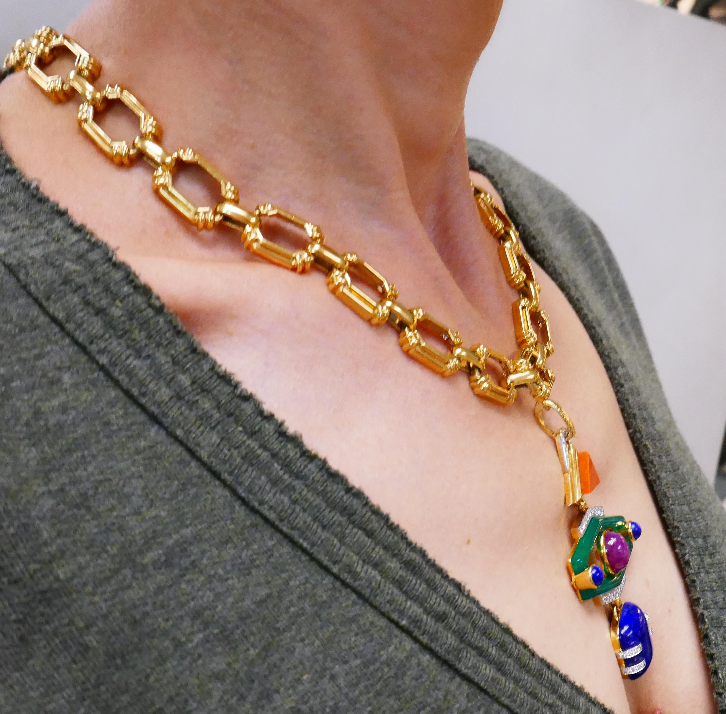 Vintage David Webb Totem Pendant 18k Gold Chain Necklace Gemstones 3