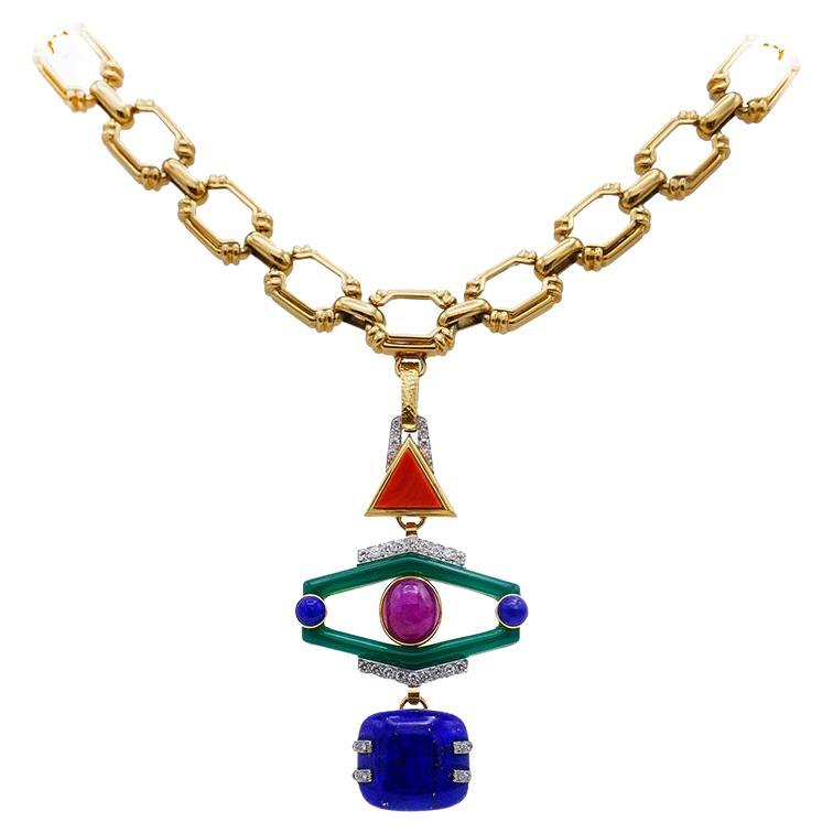 Vintage David Webb Totem Pendant 18k Gold Chain Necklace Gemstones