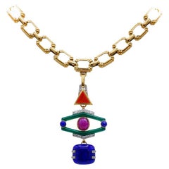 David Webb, collier pendentif Totem vintage en or 18 carats avec chaîne et pierres précieuses