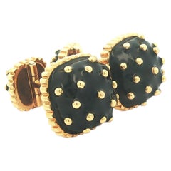 Vintage David Webb Yellow Gold Black Enamel Work Gold Dots Swivel Cufflinks