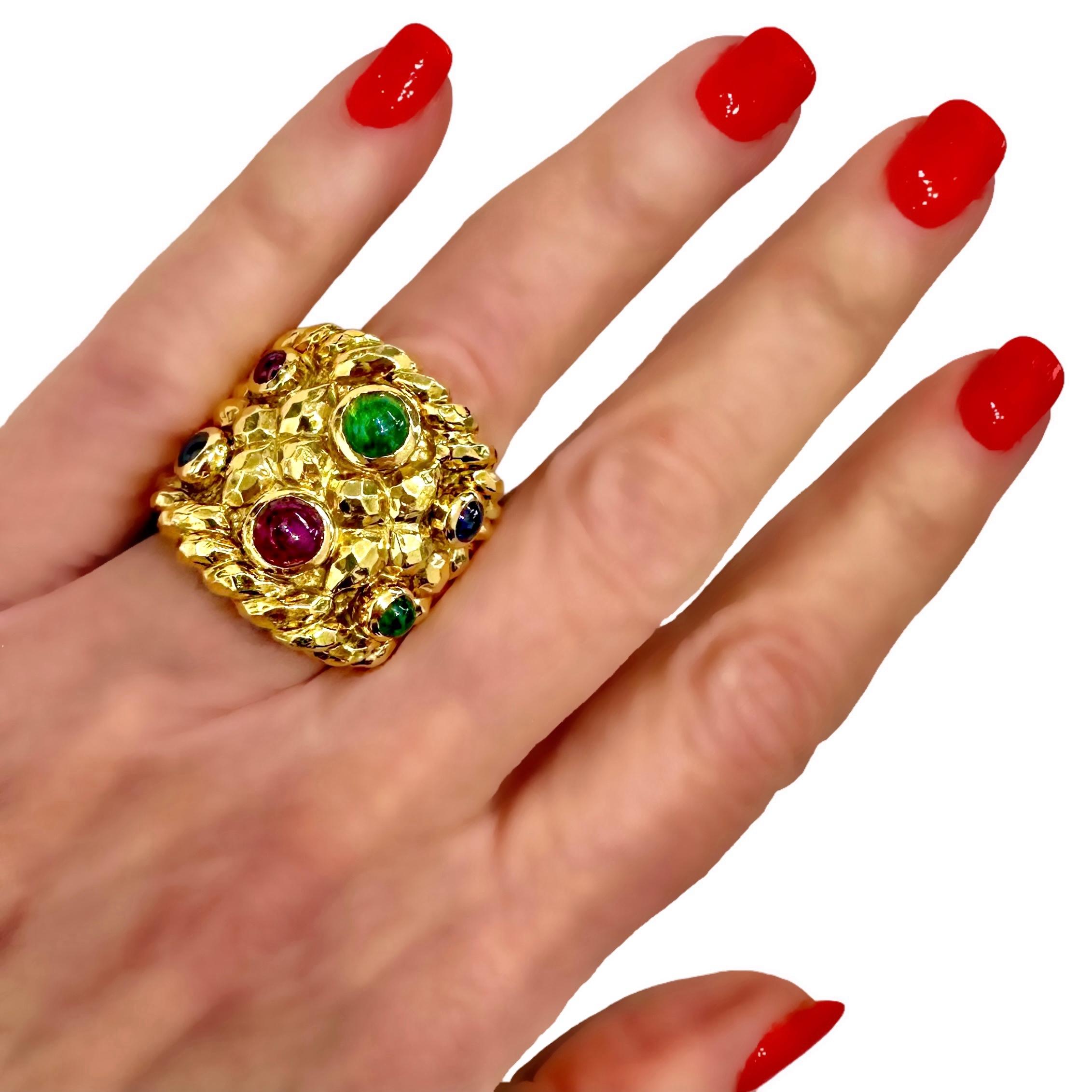 Vintage David Webb Yellow Gold Emerald, Sapphire and Ruby Ring 6