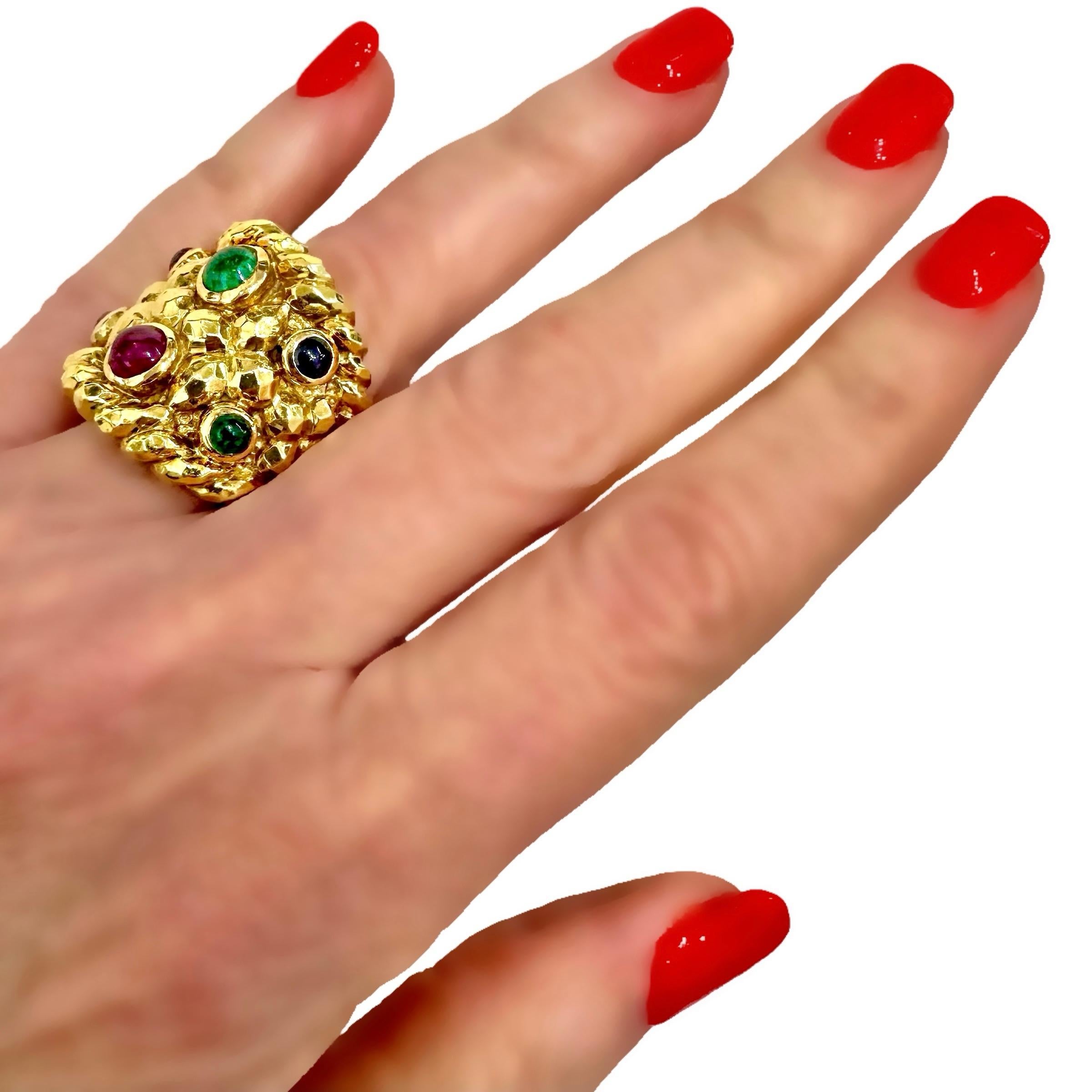 Vintage David Webb Yellow Gold Emerald, Sapphire and Ruby Ring 7