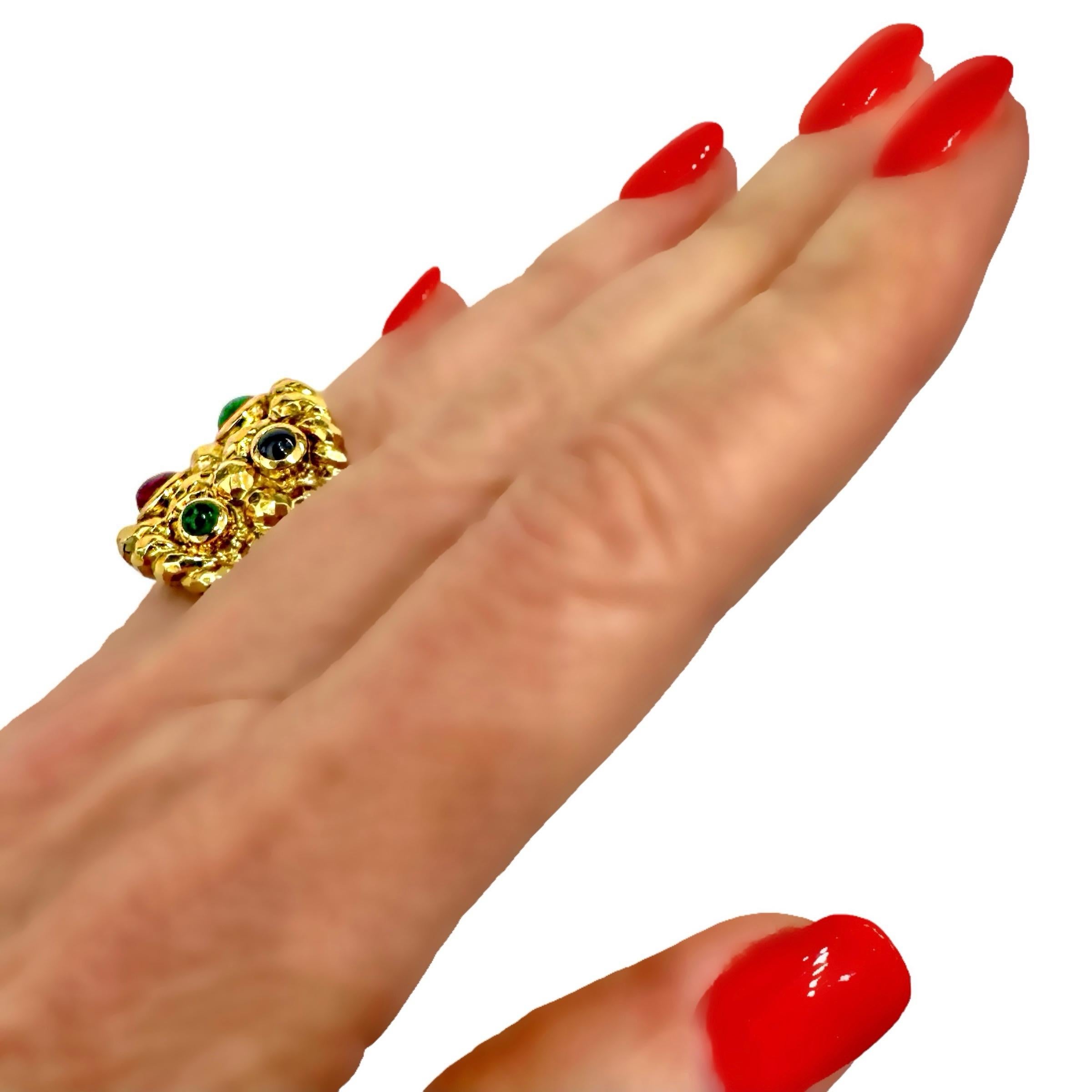Vintage David Webb Yellow Gold Emerald, Sapphire and Ruby Ring 8