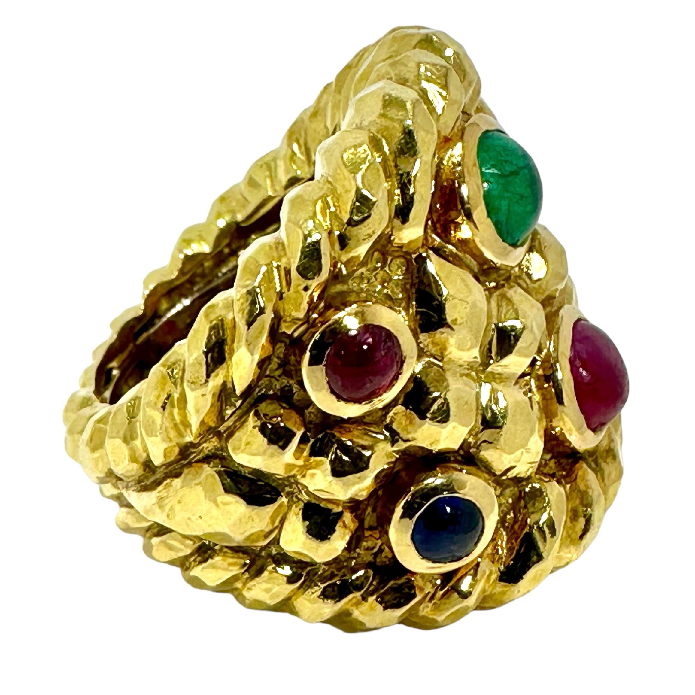 Modern Vintage David Webb Yellow Gold Emerald, Sapphire and Ruby Ring
