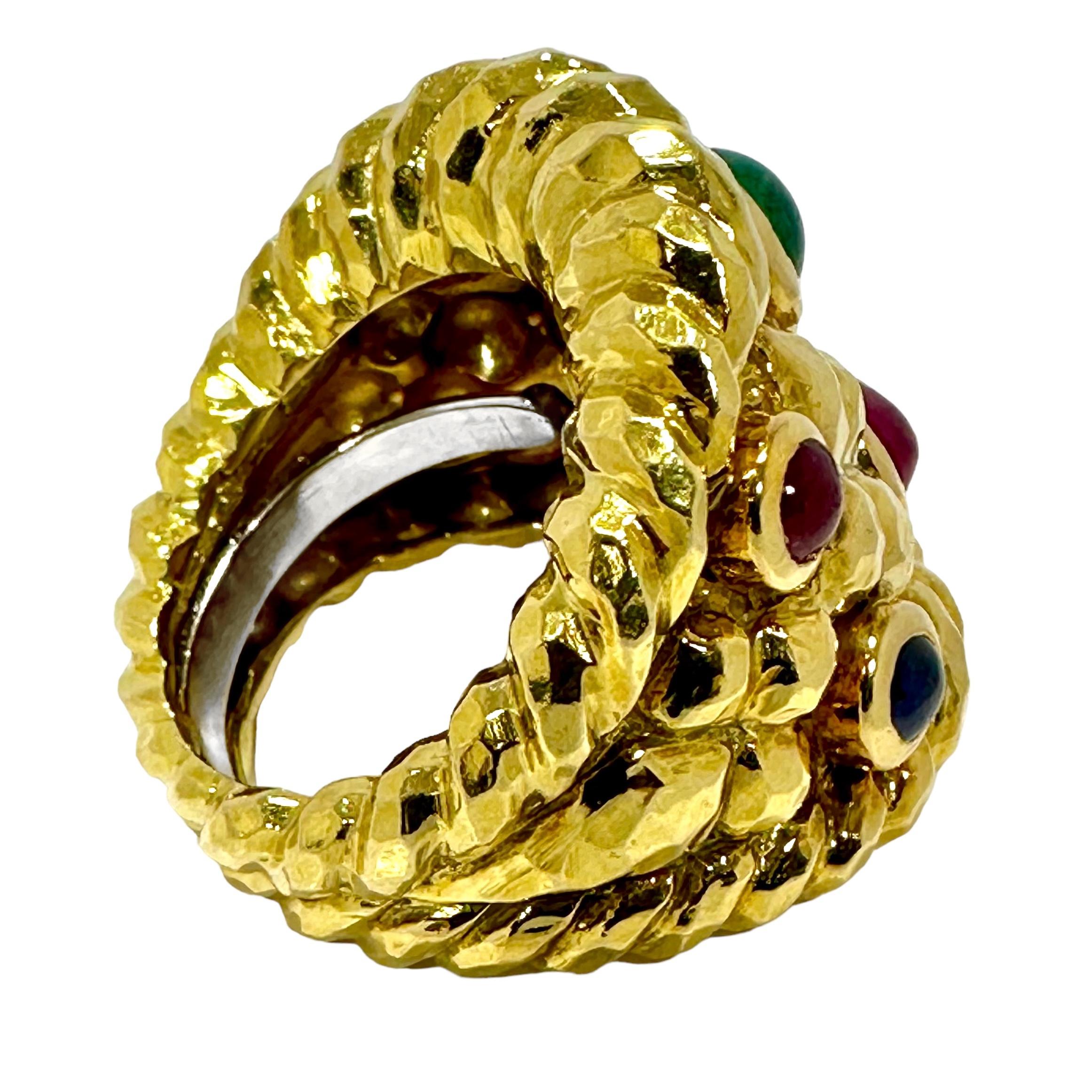 Cabochon Vintage David Webb Yellow Gold Emerald, Sapphire and Ruby Ring