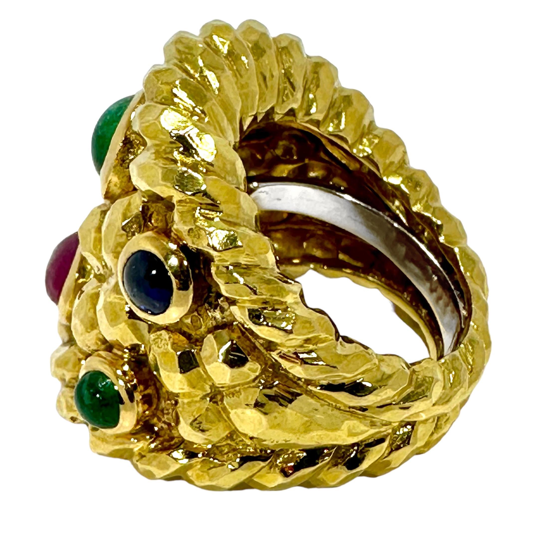 Women's Vintage David Webb Yellow Gold Emerald, Sapphire and Ruby Ring