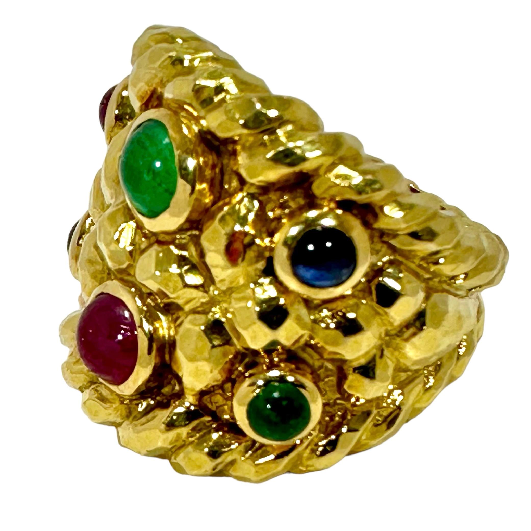 Vintage David Webb Yellow Gold Emerald, Sapphire and Ruby Ring 1