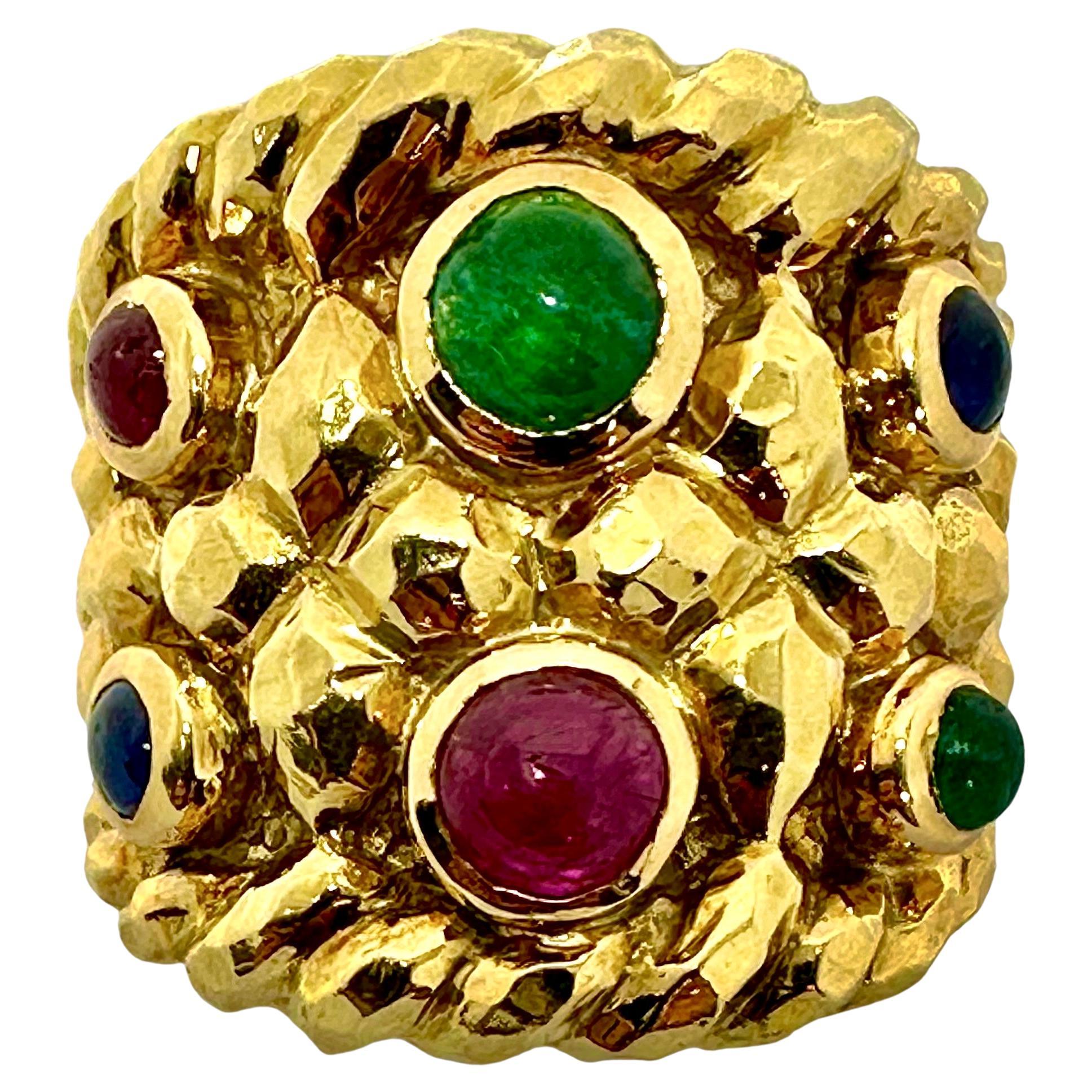 Vintage David Webb Yellow Gold Emerald, Sapphire and Ruby Ring