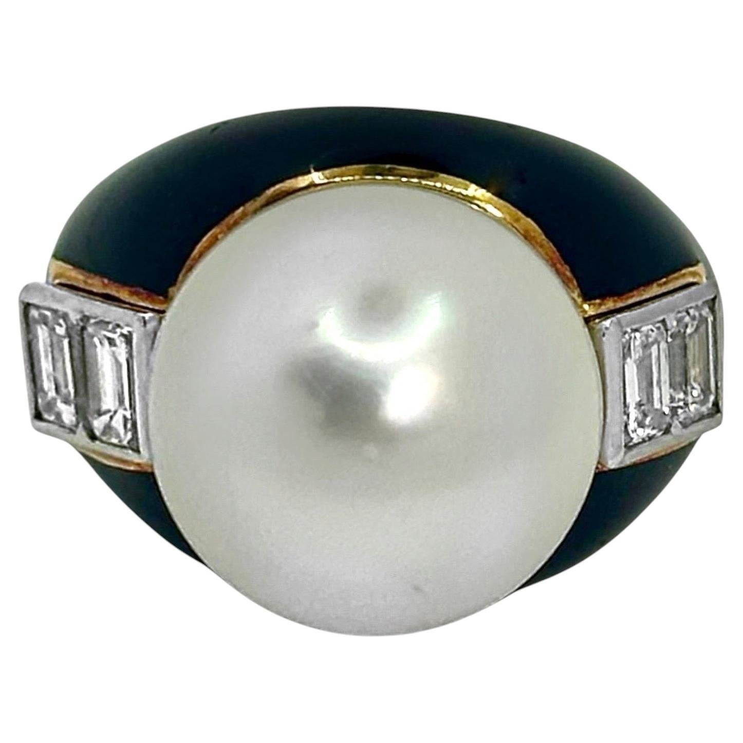 Pre-owned David Webb Vintage Yellow Gold, Platinum, Diamond, Enamel & South Sea Pearl Ring
