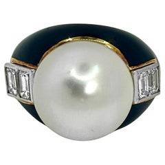 Bague vintage David Webb en or jaune, platine, diamant, émail et perle des mers du Sud