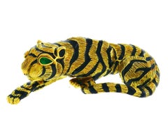 Vintage David Webb Yellow Gold Tiger Pin Brooch Clip Black Enamel Emerald