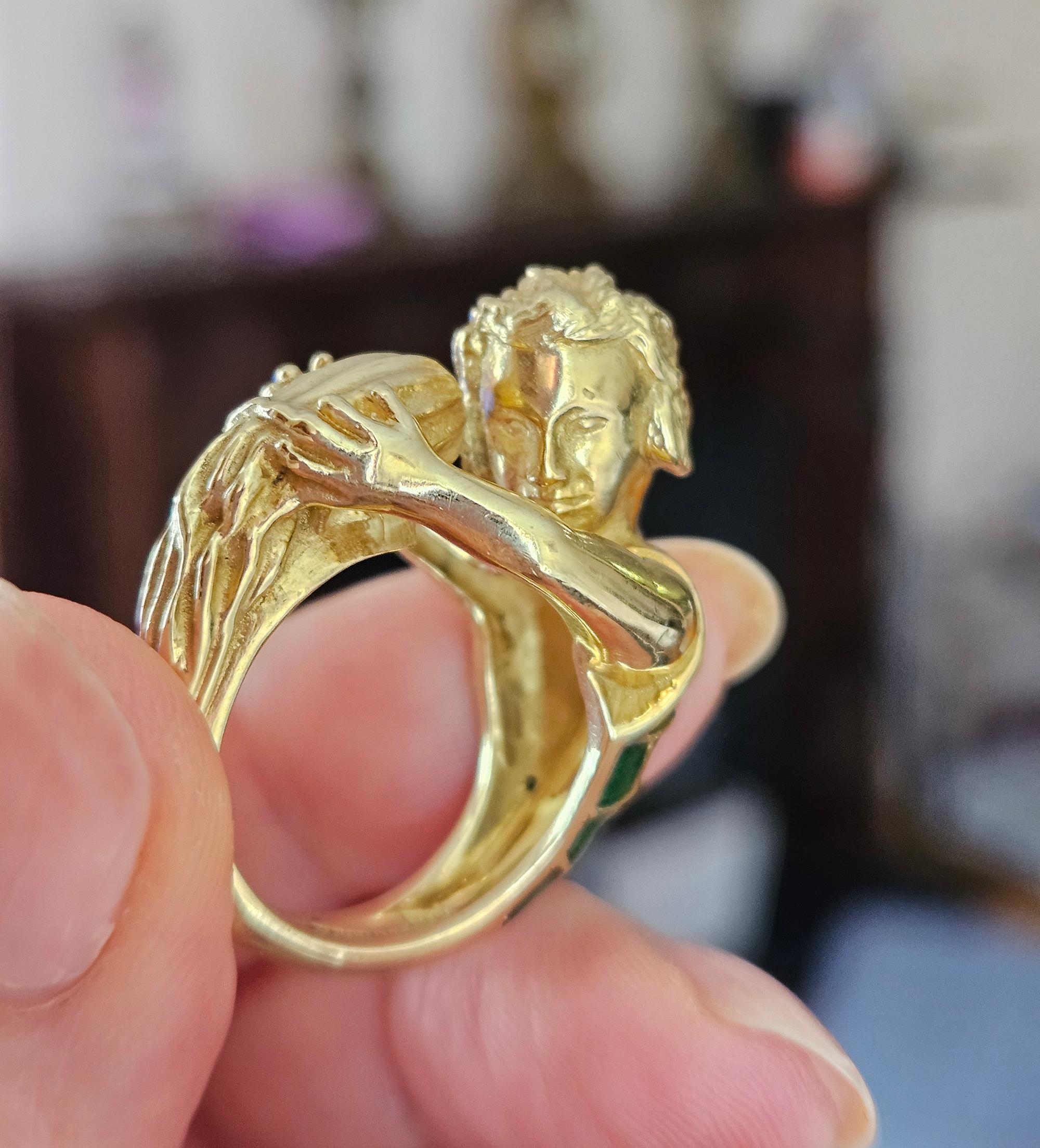 Vintage David Webb’s Aquarius Zodiac 18K Yellow Gold Green Enamel Ring, 1970s For Sale 8