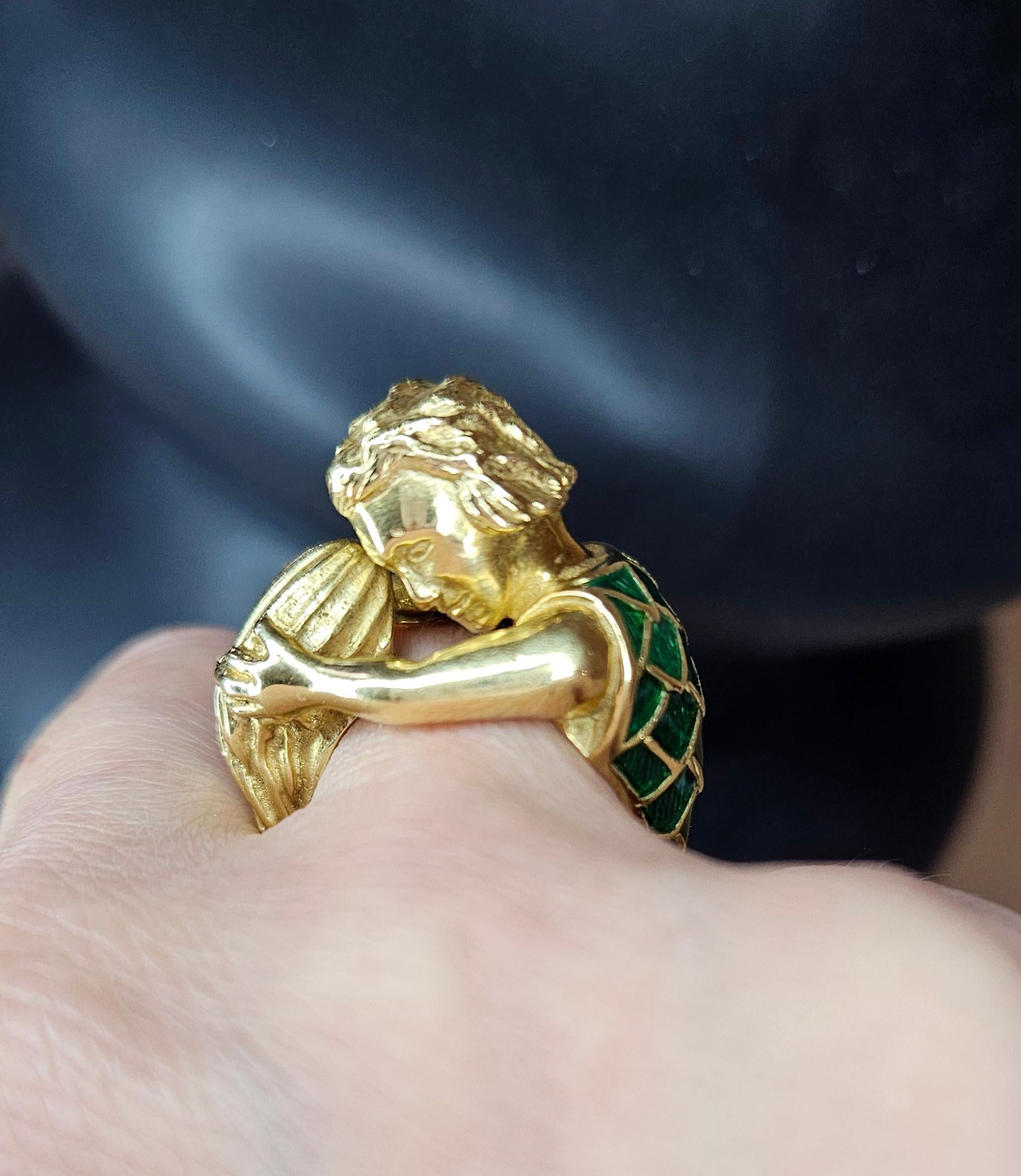 Vintage David Webb’s Aquarius Zodiac 18K Yellow Gold Green Enamel Ring, 1970s For Sale 15