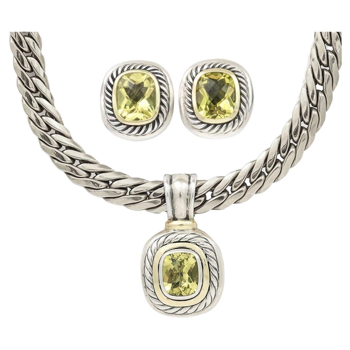 Vintage David Yurman 14k Gold and Silver ‘Albion’ Peridot Pendant and Earrings