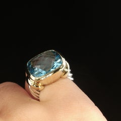 Vintage David Yurman 14K Gold Silver Blue Topaz Checkerboard Ring Cable Size 3.5
