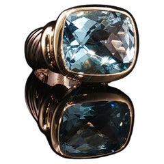 Vintage David Yurman 14K Gold Silver Blue Topaz Checkerboard Ring Cable Size 3.5
