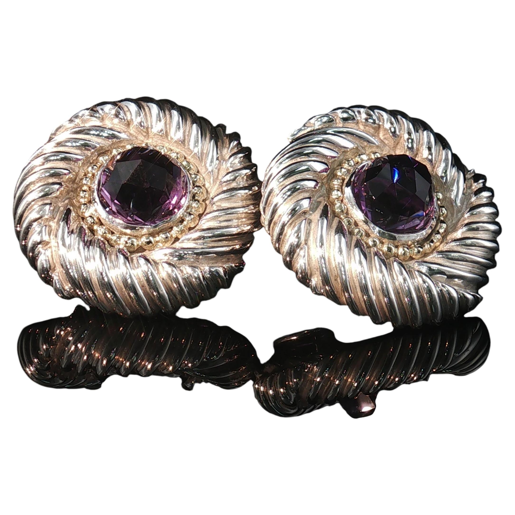 Boucles d'oreilles vintage David Yurman en or 14 carats et argent sterling, avec améthyste, modèle « Cookie », 11 mm