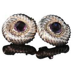Orecchini a bottone vintage David Yurman in oro 14 carati e argento sterling con ametista, 11 mm