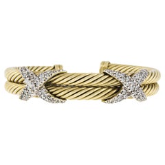 Vintage David Yurman 14k Solid Gold 1.25ctw Diamond X Double Cable Cuff Bracelet