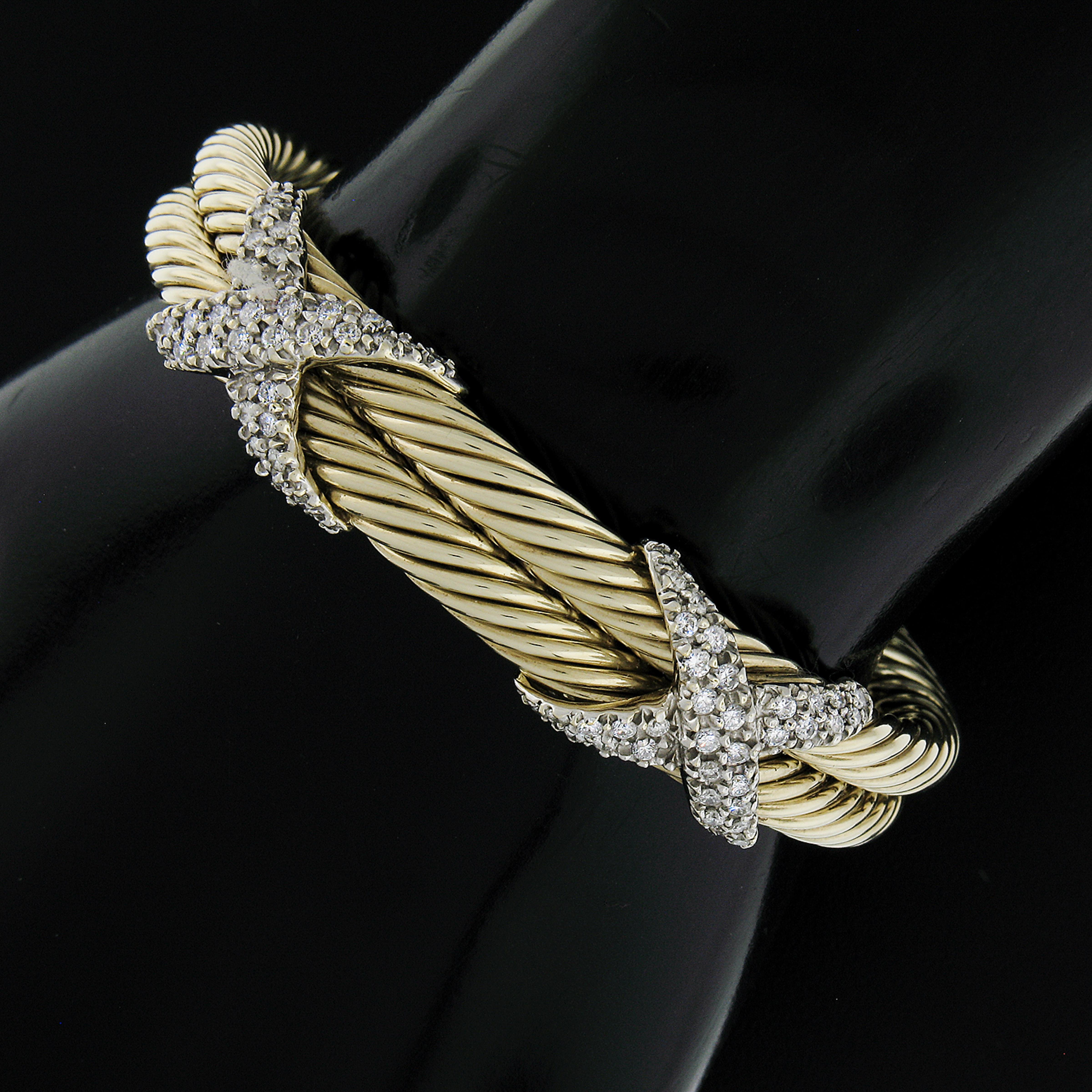 --Stone(s):--
Numerous Natural Genuine Diamonds - Single Cut & Round Brilliant Cut - Pave Set - Nice White Color - 1.50-2ctw (approx.)

Material: Solid 14K Yellow Gold w/ White Gold Accents
Weight: 32.40 Grams
Type: Open Cuff Bangle
Size: Will