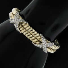 Vintage David Yurman 14k Solid Gold 2ct Diamond X Double Cable Cuff Bracelet